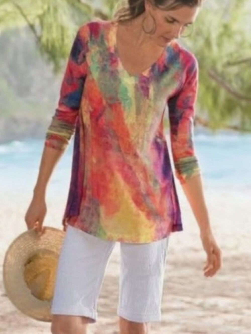 Soft Surroundings Plein de Couleurs Art-to Wear Soft Light Knit Watercolor Top M